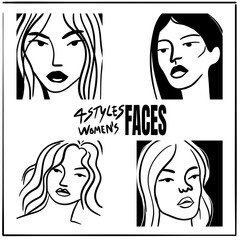 4 styles of women&rsquo;s faces in different postures, outline art style, representing the beauty of women.