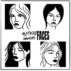 4 styles of women&rsquo;s faces in different postures, outline art style, representing the beauty of women.