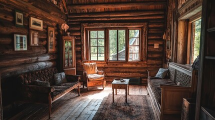 Naklejka premium An old wooden cabin interior with vintage wooden furniture, capturing the warm and inviting atmosphere of rustic, aged decor in a cozy setting.