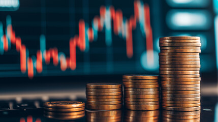 Stacks of coins and financial charts in the background, close up. Conceptual stock market business plan or vintage shopping sale illustration design with a trading chart.