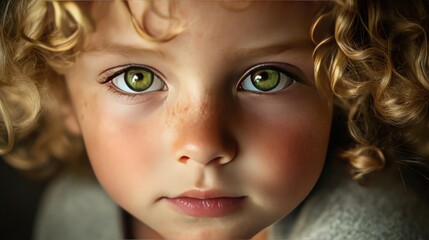 Naklejka premium A close-up of a Caucasian child with curly blonde hair and green eyes, looking curiously at the camera