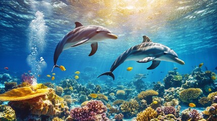 Fototapeta premium Oceanview. A flock of playful dolphins swimming underwater over coral reef background hunting to fish