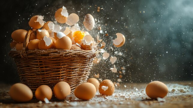 Basket of eggs with broken shells and flying pieces, creating a dynamic and rustic atmosphere with earthy tones and a dramatic backdrop.