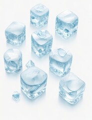 Crystal clear ice cubes scattered background
