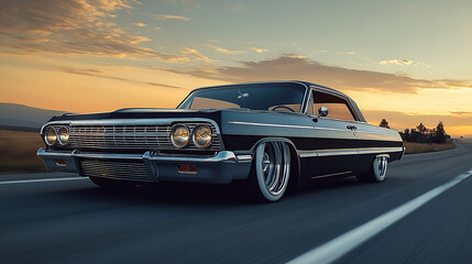 Obraz premium An old car driving down the road