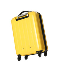 One new yellow suitcase isolated on white