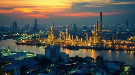 Fototapeta premium Oil refinery factory at twilight Bangkok Thailand