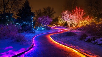 A night view of a winding path lit by colorful lights at Denver Botanic Gardens during its holiday Blossoms of Light event.