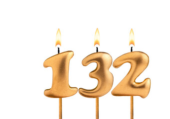 Golden candle number 132 - Birthday on white background