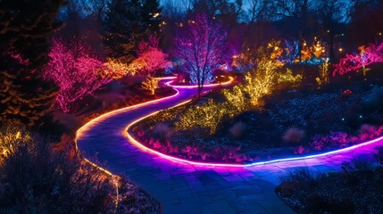 A night view of a winding path lit by colorful lights at Denver Botanic Gardens during its holiday Blossoms of Light event.