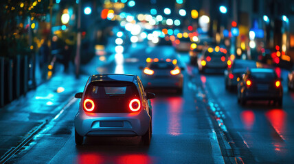 Small electric car on wet city street at night with colorful lights