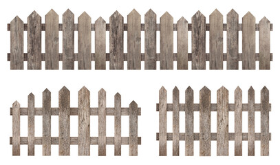 Different wooden fences isolated on white, set