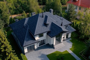 Roof of the house made of bitumen roof shingles aerial view , ai