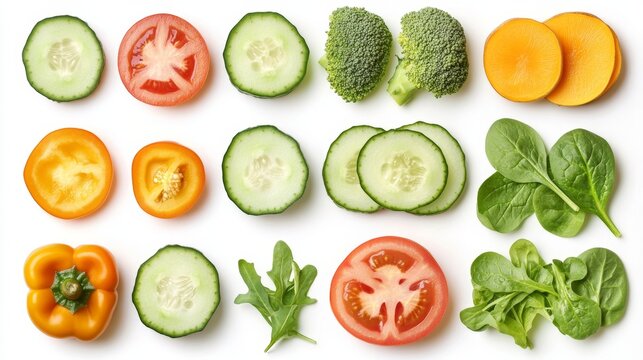Set of different fresh vegetable slices isolated on white background top view. Tomato potato cucumber bell pepper onion caroot pumpkin broccoli avocado spinach and arugula