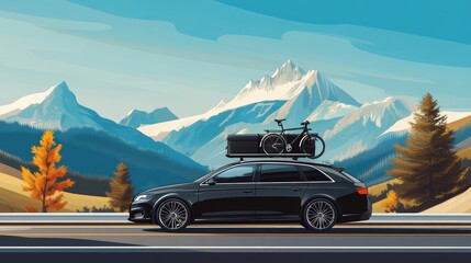 Naklejka premium Black car with roof luggage box and trunk bike rack driving on the highway. Beautiful mountain landscape background