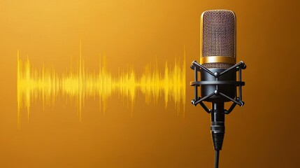 Recording studio microphone with sound waves on golden gradient background. Podcasting broadcasting or music production banner for website with copy space