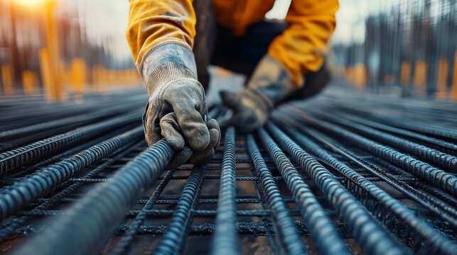 Close-up of a construction worker in gloves handling rebar at a construction site, focusing on durability and precision. Worker in action.