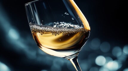 Close-up of a glass of white wine with bubbles, set against a dark, blurred background, capturing the elegance of the drink and its sparkling allure.