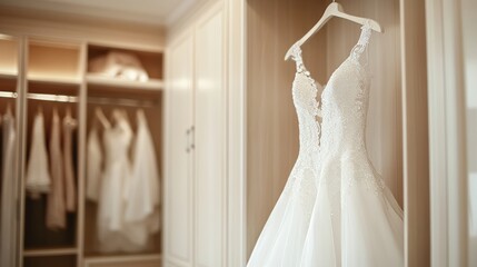 The wedding dress hangs on the dressing room.