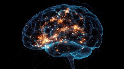 A 3D model of the human brain's neural network, showing the complex connections and brain regions.