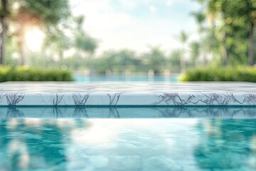 white marble top with blurred empty Swimming pool background can be used for mocking up or display product to make advertising , ai