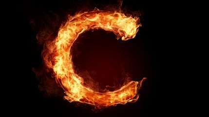 Fire alphabet letter C made of fire flames with red smoke behind hot metal font in flames isolated on black