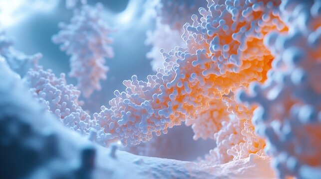 A detailed shot of protein structures rendered in 3D, highlighting their complexity and function