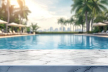 white marble top with blurred empty Swimming pool background can be used for mocking up or display product to make advertising , ai