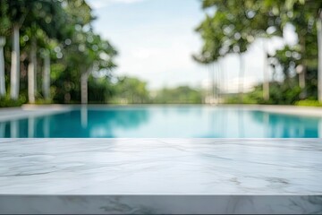 white marble top with blurred empty Swimming pool background can be used for mocking up or display product to make advertising , ai