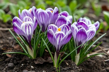 Purple flowers growing in the dirt of a leaf flower garden