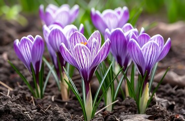 Purple flowers growing in the dirt of a leaf flower garden