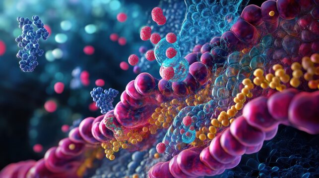 An abstract image of enzymes interacting with substrates, illustrating a key biochemical process