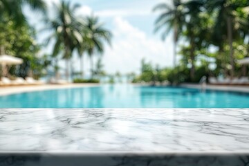 Obraz premium white marble top with blurred empty Swimming pool background can be used for mocking up or display product to make advertising , ai
