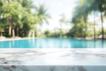 Fototapeta premium white marble top with blurred empty Swimming pool background can be used for mocking up or display product to make advertising , ai