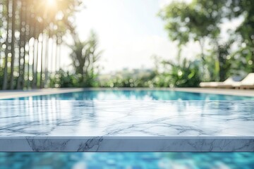 white marble top with blurred empty Swimming pool background can be used for mocking up or display product to make advertising , ai
