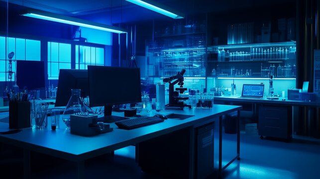 Modern medical research laboratory. Empty workplace of a scientist or researcher with computers microscope test tubes flasks and magnifying lamp. Dark biochemical laboratory in the blue light.