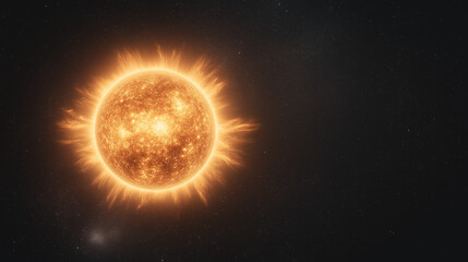 Naklejka premium 3D illustration of a sun with glowing flames on a black background, featuring a solar flare and a starry sky. A bright yellow sun represents an energy source or power concept.