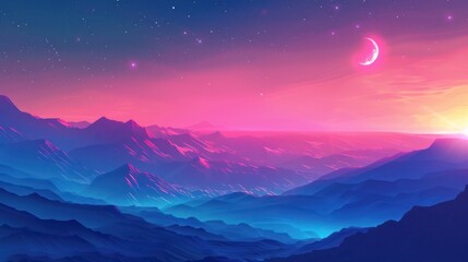 Fototapeta premium Pink and Blue Mountain Landscape with Crescent Moon