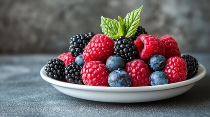 Fresh Raspberries Blackberries Blueberries  in White Bowl