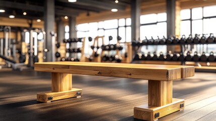 Industrial Wooden Gym with a Robust Wooden Exercise Bench Supported by Heavy-Duty Steel. The Design Emphasizes a Blend of Ruggedness and Natural Materials, Capturing Sturdy Construction and Durability