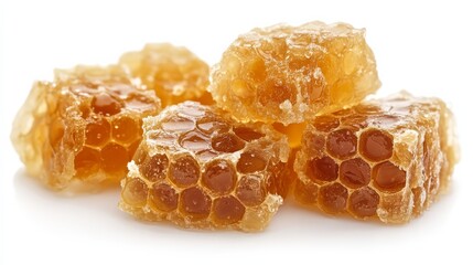 Close-up of fresh honeycomb pieces showcasing rich golden hues and intricate hexagonal structure, ideal for health and wellness themes.