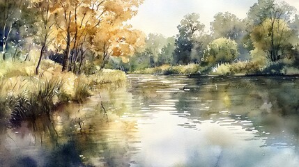 Obraz premium Watercolor painting of a calm river with trees along the bank.