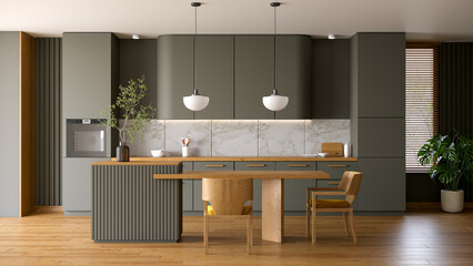 Modern dark olive green  kitchen with kitchen island table and contemporary chair with plant and wood floor.3d render