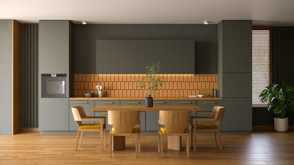 Modern dark olive green  kitchen with wooden dinning table and contemporary chair with plant and wood floor.3d render