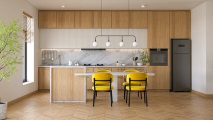 Modern scandinavian  kitchen room interior, with wooden cabinets  and contemporary dinning island with plants and wood floor.3d render