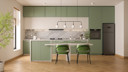 Modern scandinavian  kitchen room interior, with Green cabinets  and contemporary dinning island with plants and wood floor.3d render