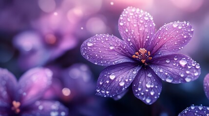 Close-up of vibrant purple flowers with dewdrops in a dreamy setting, capturing nature's delicate beauty and serene atmosphere.