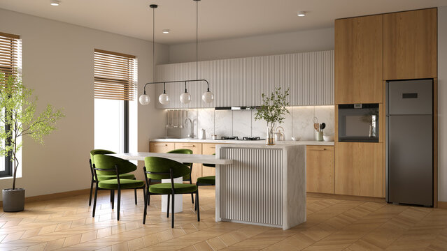 Modern scandinavian  kitchen room interior, with wooden cabinets  and contemporary dinning island with plants and wood floor.3d render