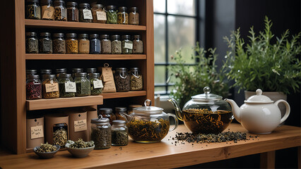 Fototapeta premium Herbal Tea Blending Station with Dried Herbs and Teapots in a Cozy Setting