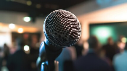 A close-up of a microphone and speaker setup at a professional event, with blurred audience in the background
